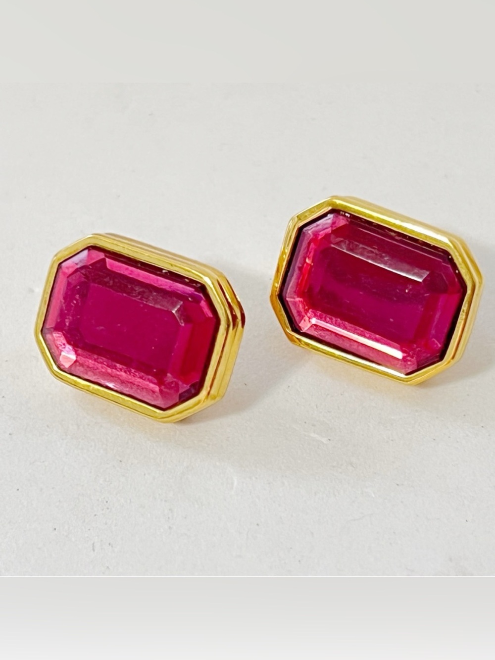 Joan Rivers Post Earrings Classics Collection Deep Pink Emerald Cut Goldtone